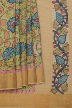 Collection of Tussar Kalamkari Hand-Painted Green Saree in a gallery layout