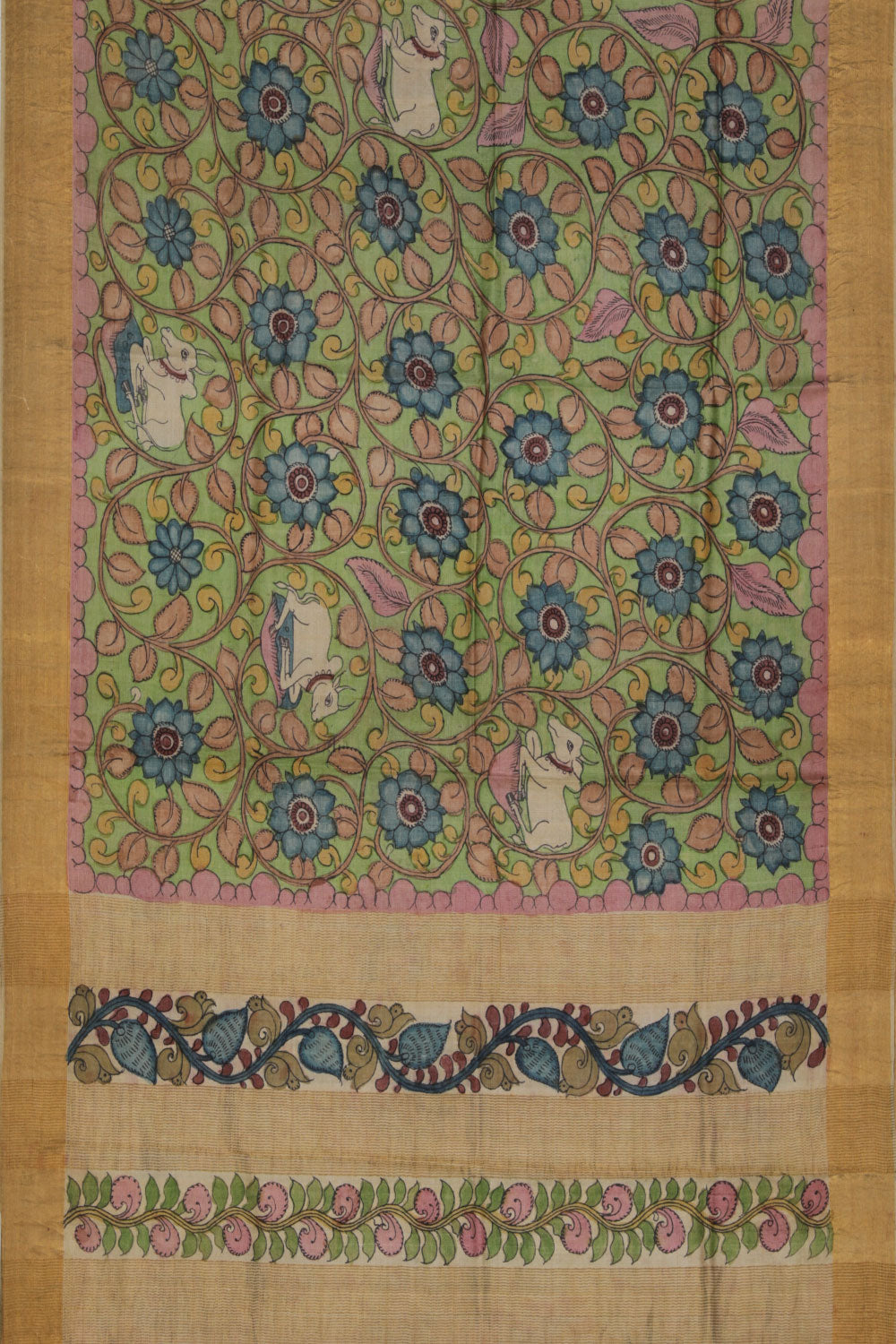 Image of Tussar Kalamkari Hand-Painted Green Saree