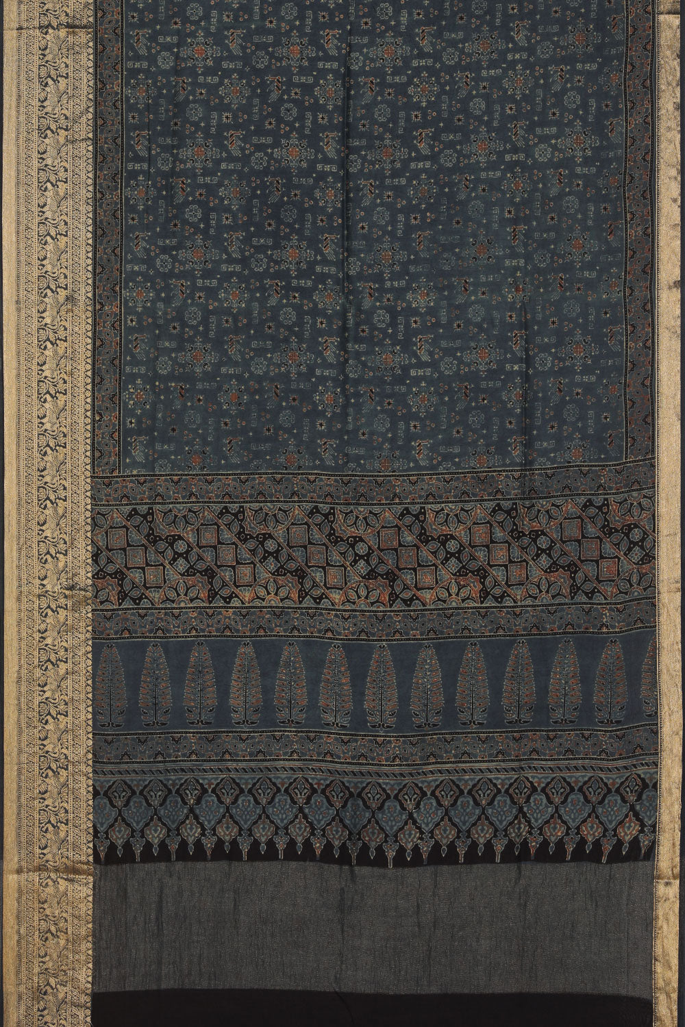 Image of Smokey Grey Ajrakh Modal Silk Saree