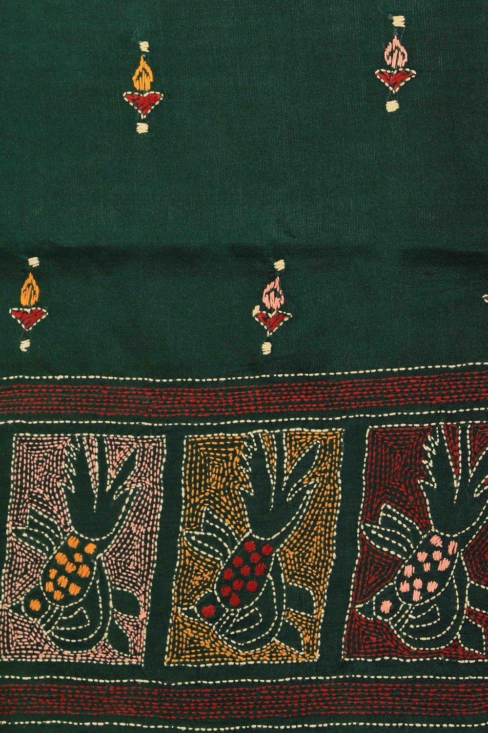 Collection of Kantha Stitch Embroidery Green Saree in a gallery layout