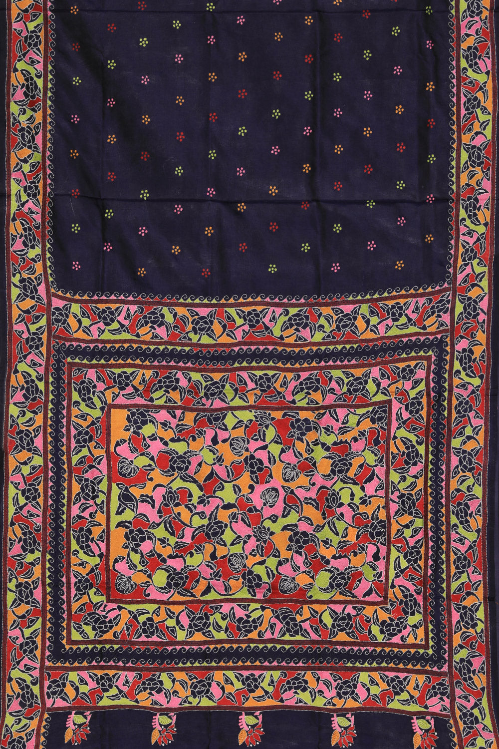 Image of Kantha Stitch Embroidered Navy Blue Saree