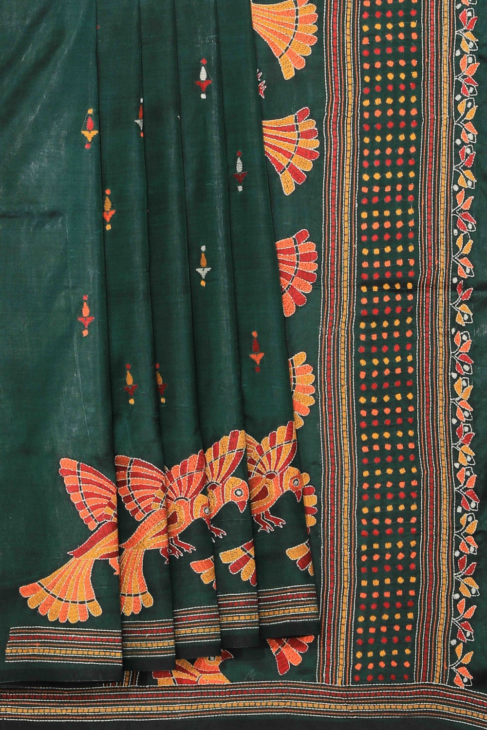 Collection of Kantha Stitch Embroidery Bottle Green Saree in a gallery layout