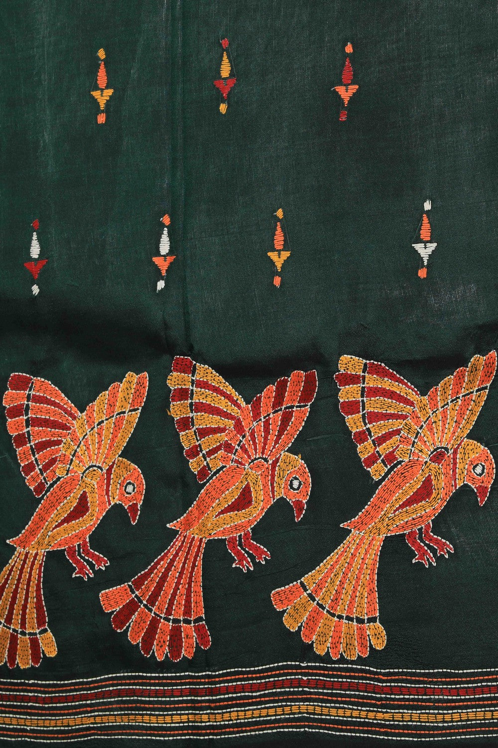 Collection of Kantha Stitch Embroidery Bottle Green Saree in a gallery layout