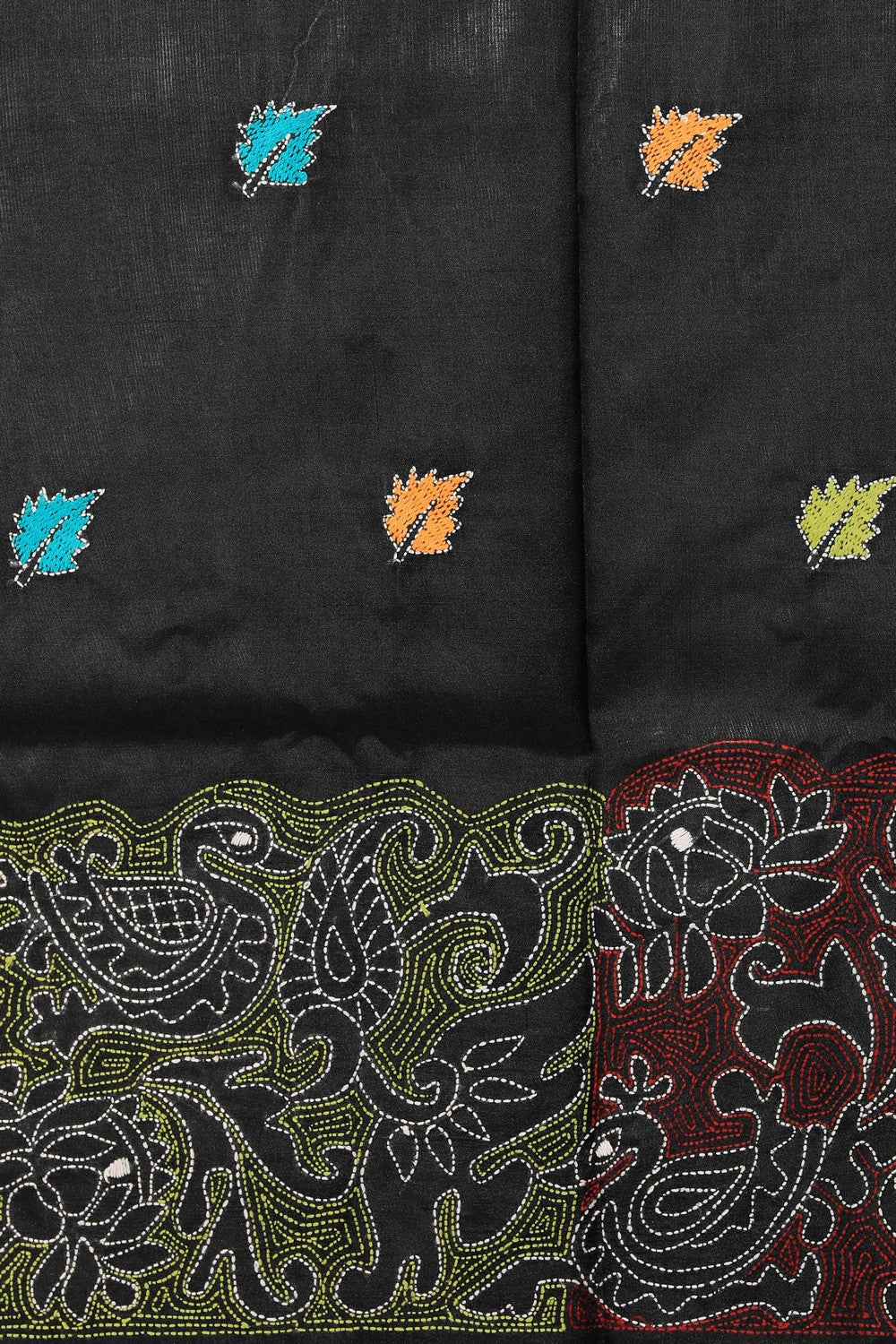 Image of Kantha Stitch Embroidery Black Saree