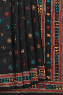 Collection of Kantha Stitch Embroidery Black Saree in a gallery layout