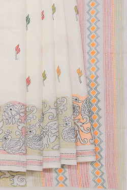 Collection of Kantha Stitch Embroidery Off-White Saree in a gallery layout