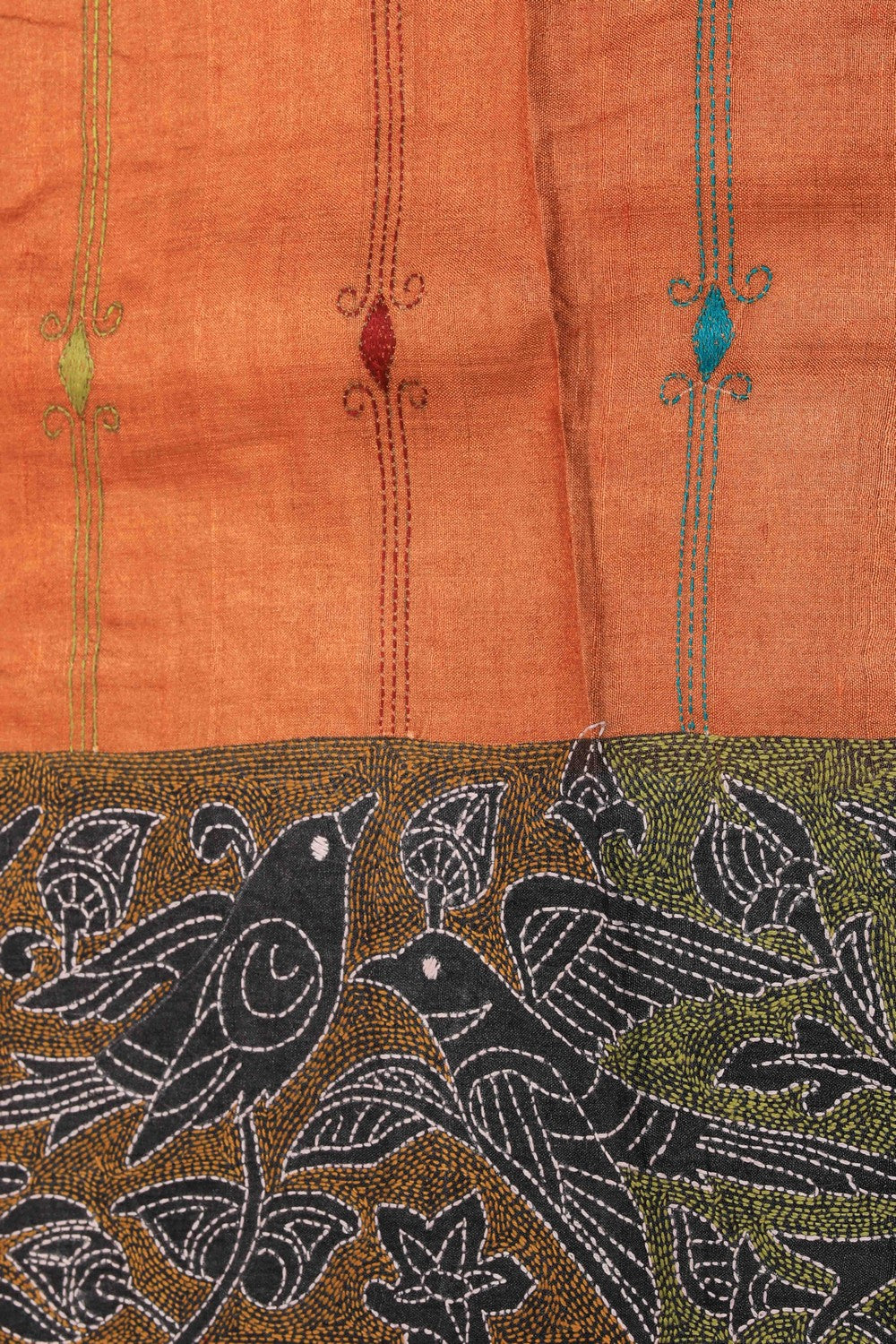 Kantha Stitch Embroidery Rust-Orange Saree