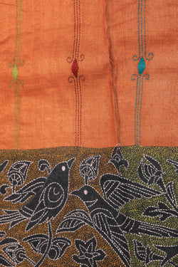 Image of Kantha Stitch Embroidery Rust-Orange Saree