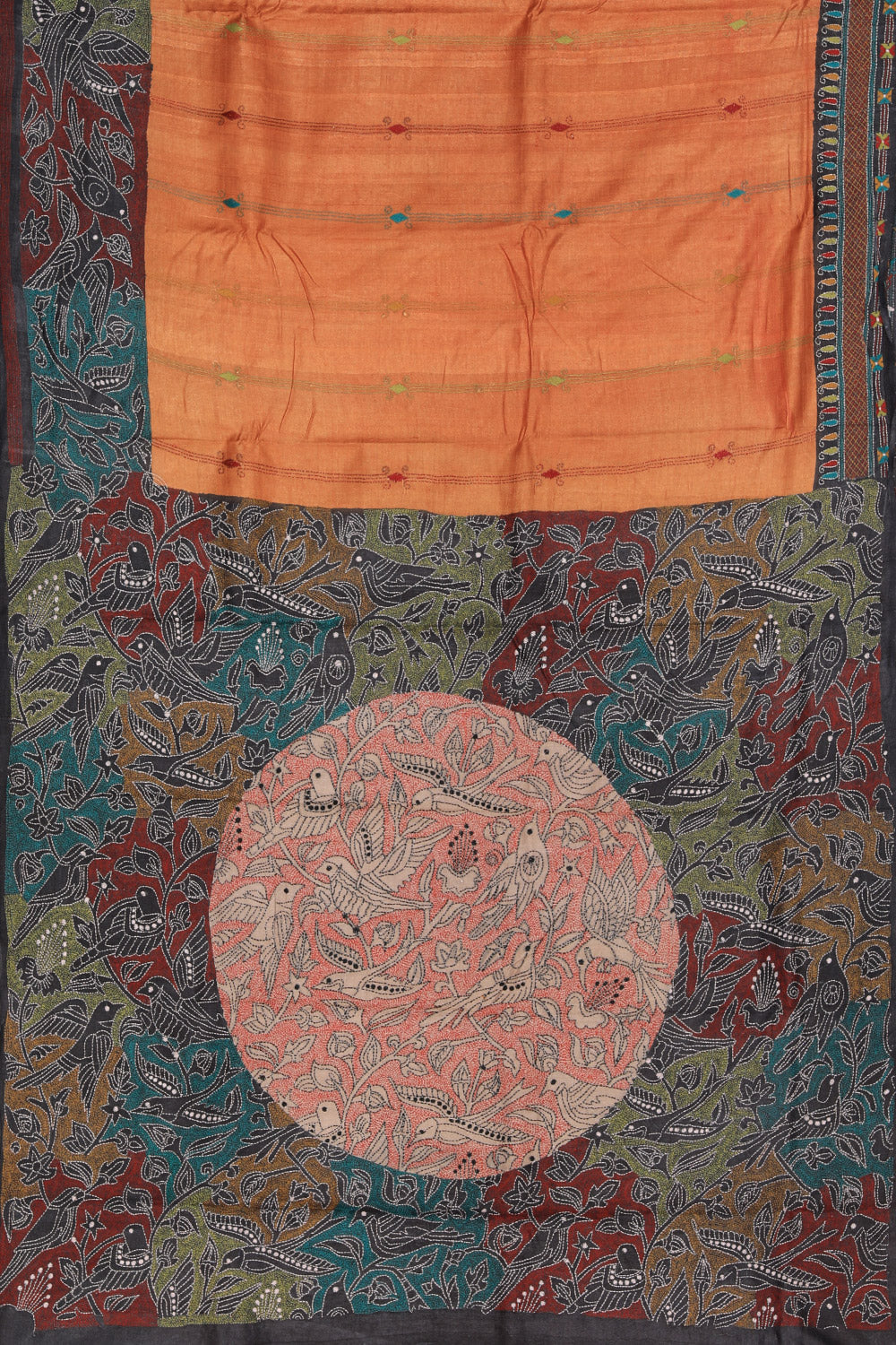 Kantha Stitch Embroidery Rust-Orange Saree