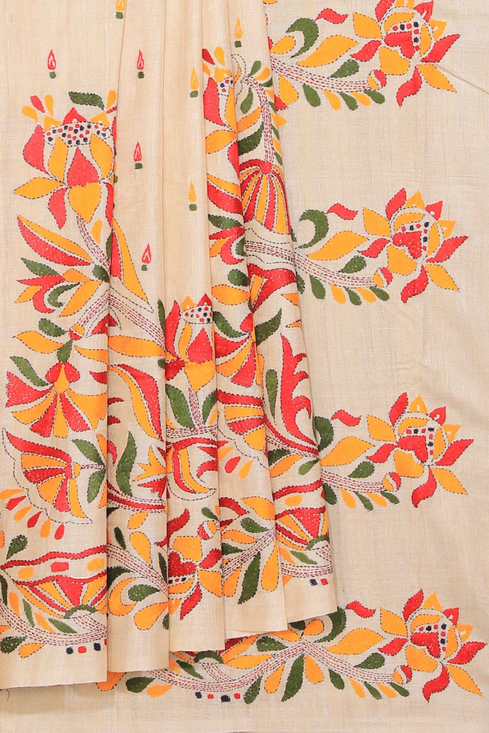 Collection of Kantha Stitch Embroidery Ivory Off-White Saree in a gallery layout