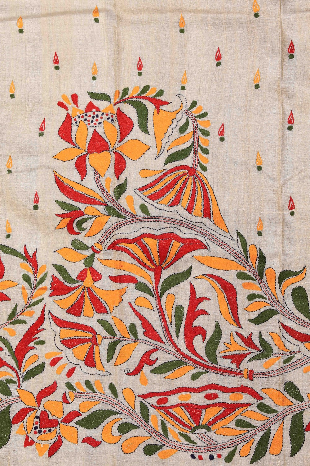 Image of Kantha Stitch Embroidery Ivory Off-White Saree