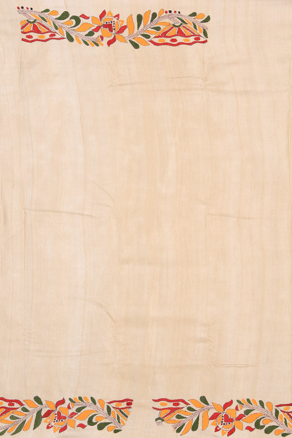 Image of Kantha Stitch Embroidery Ivory Off-White Saree