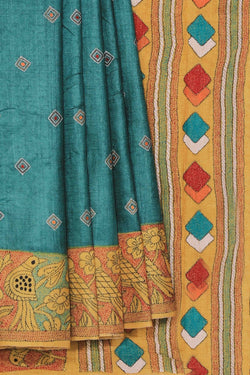 Collection of Kantha Stitch Embroidery Teal Green Saree in a gallery layout