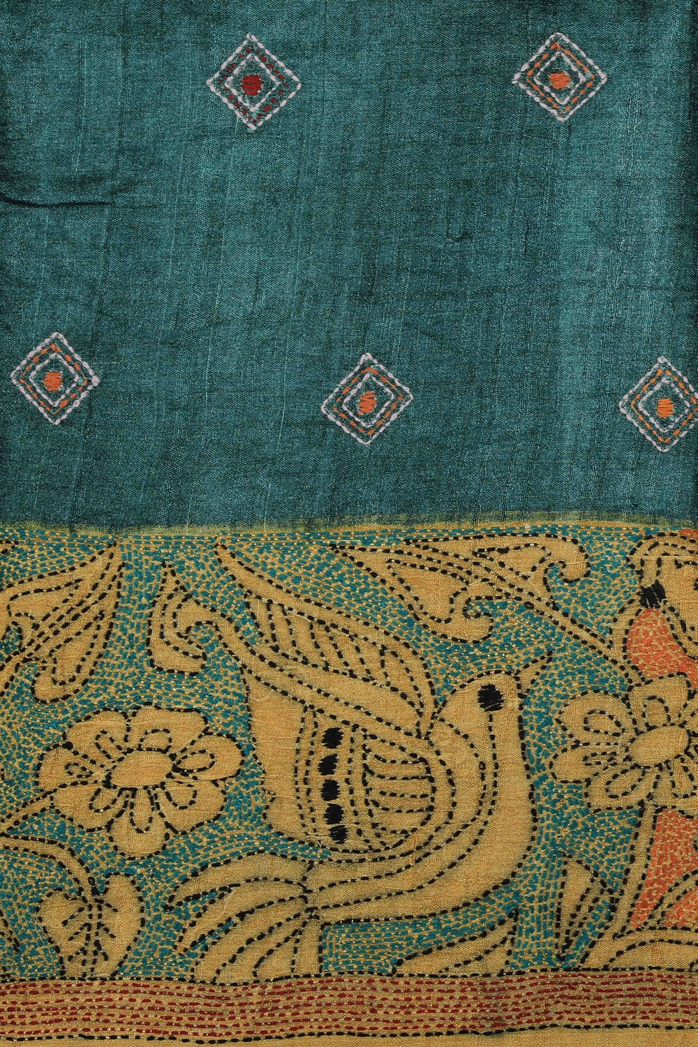 Collection of Kantha Stitch Embroidery Teal Green Saree in a gallery layout