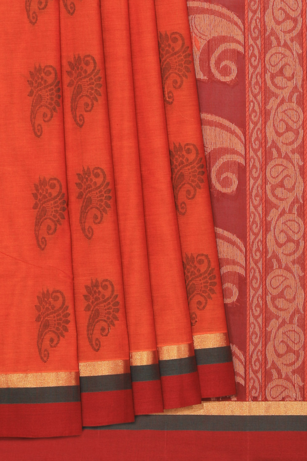 Collection of South Cotton Coral-Orange Saree in a gallery layout