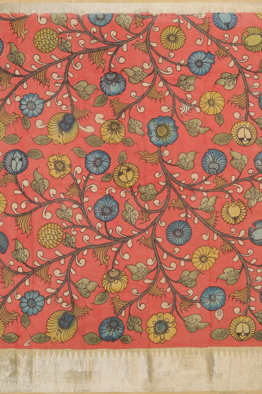 Image of Mangalagiri Silk Kalamkari Hand-Painted Yellow Saree