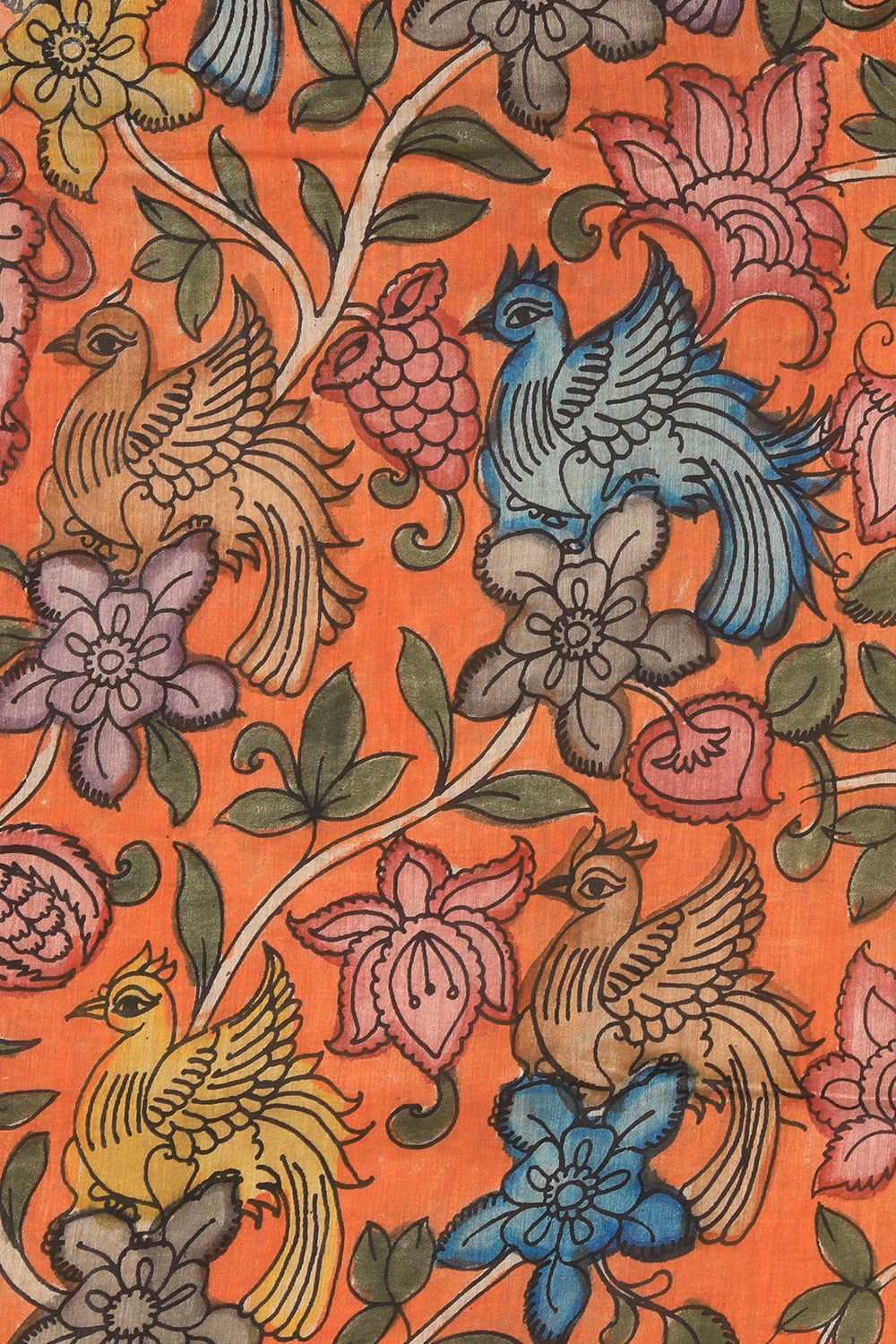 Kalamkari Hand-Painted Orange Saree