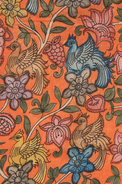 Image of Kalamkari Hand-Painted Orange Saree