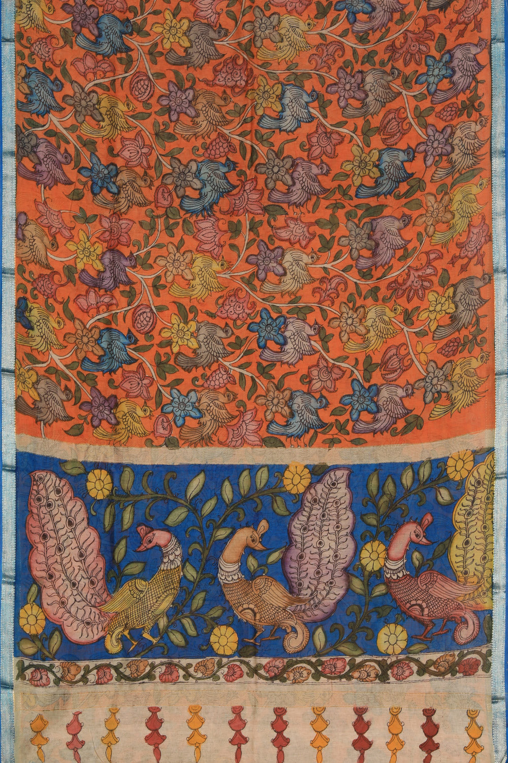 Kalamkari Hand-Painted Orange Saree