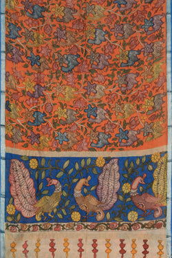 Image of Kalamkari Hand-Painted Orange Saree