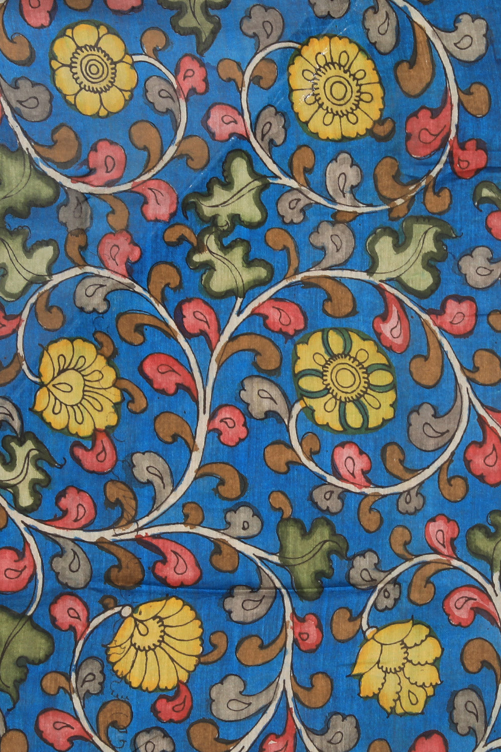 Image of Kalamkari Hand-Painted Blue Saree