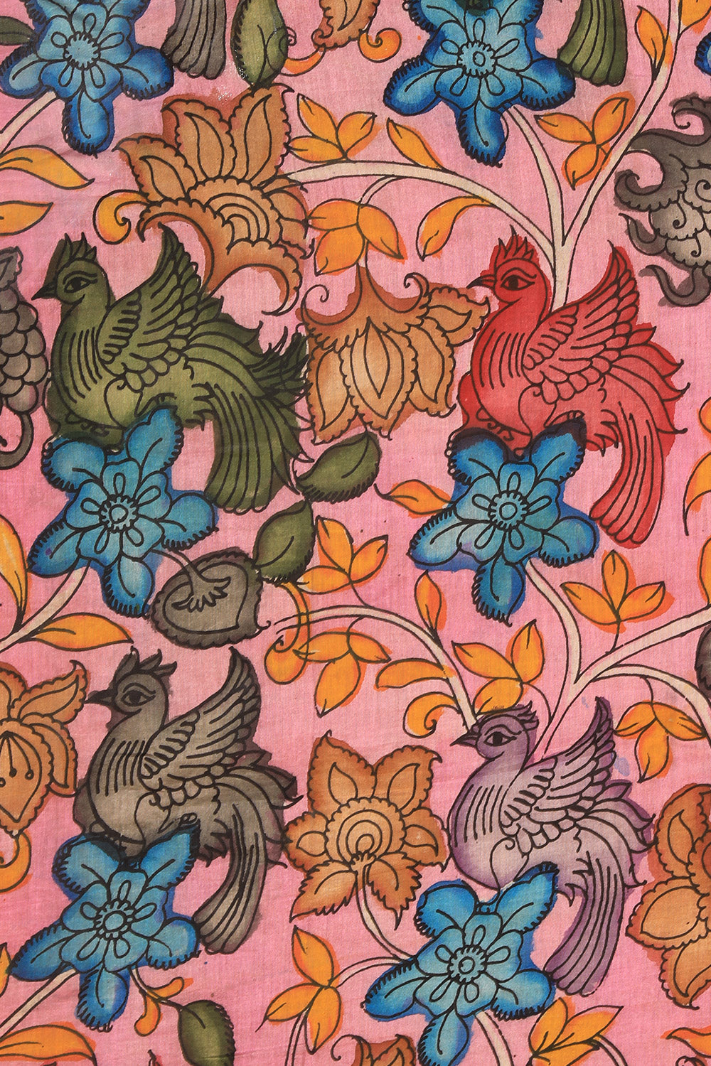 Image of Kalamkari Hand-Painted Pink Saree