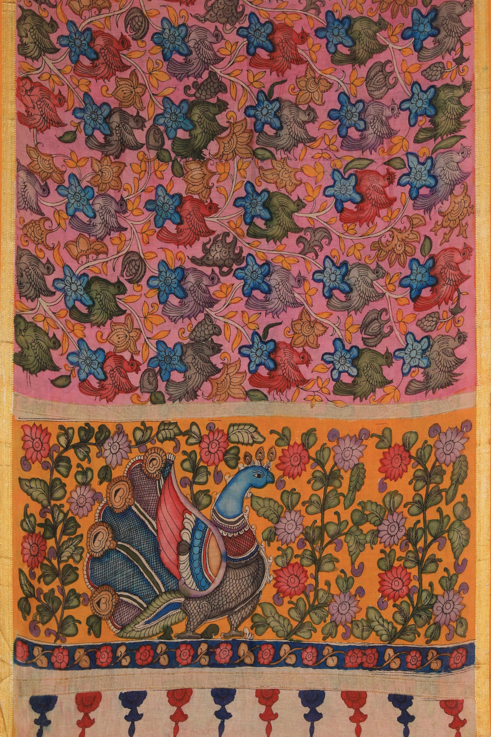 Image of Kalamkari Hand-Painted Pink Saree