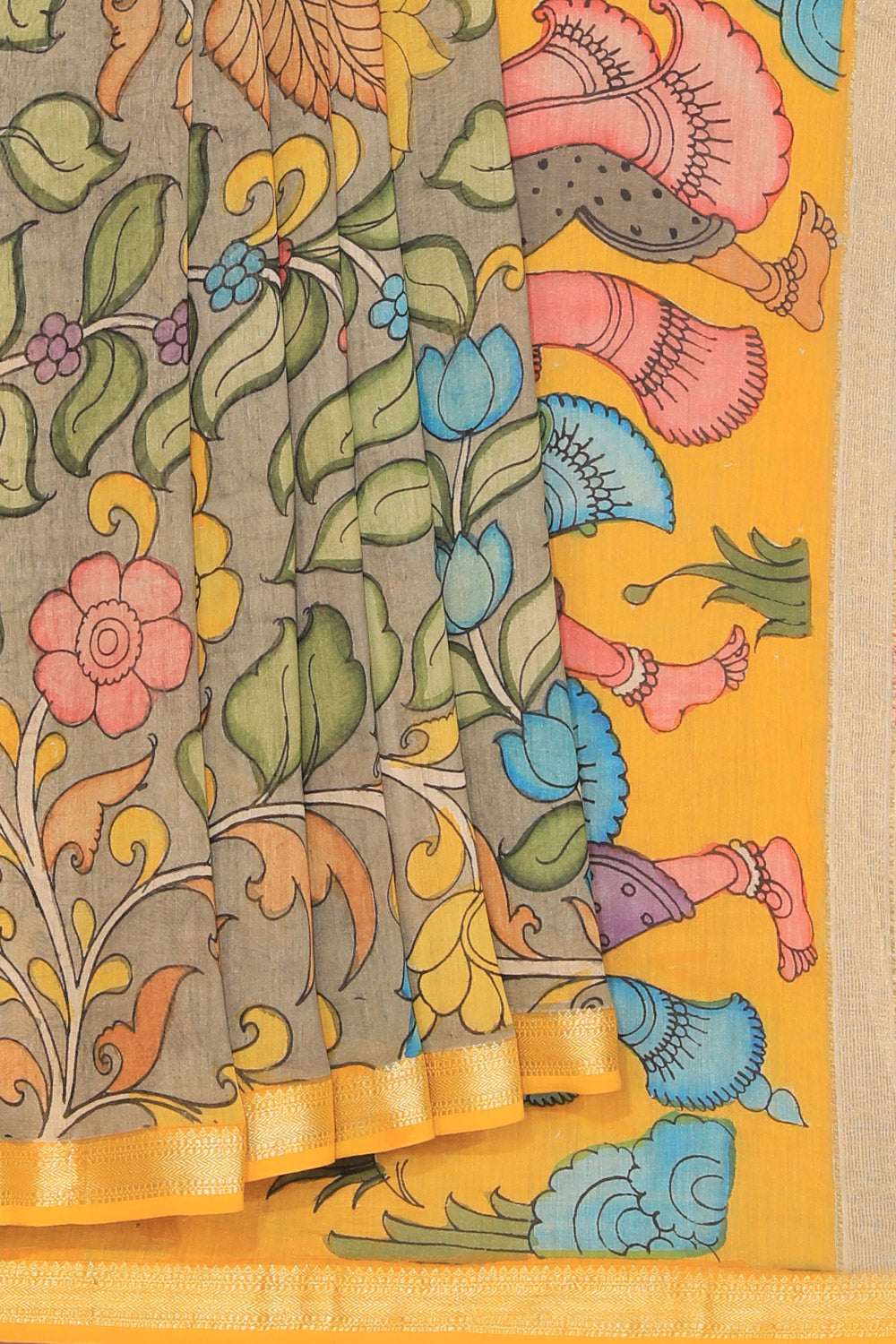 Collection of Kalamkari Hand-Painted Grey Saree in a gallery layout