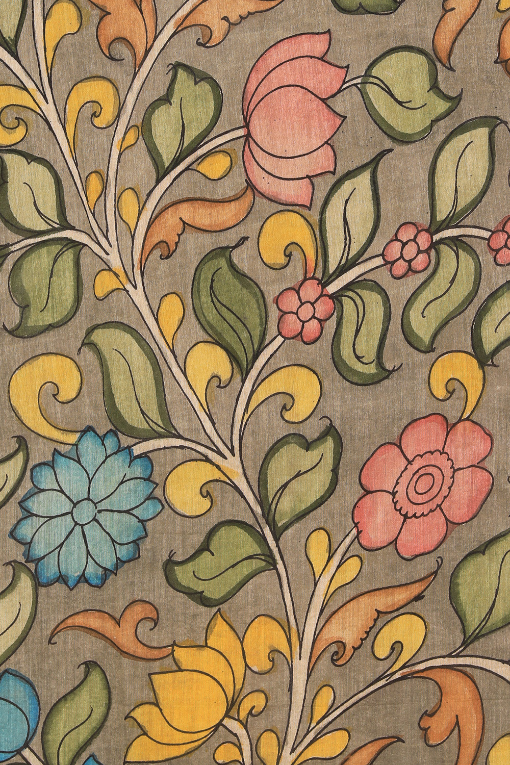 Image of Kalamkari Hand-Painted Grey Saree