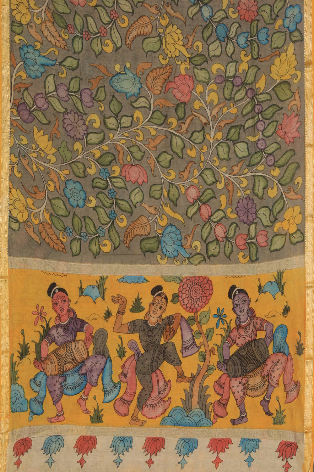 Image of Kalamkari Hand-Painted Grey Saree