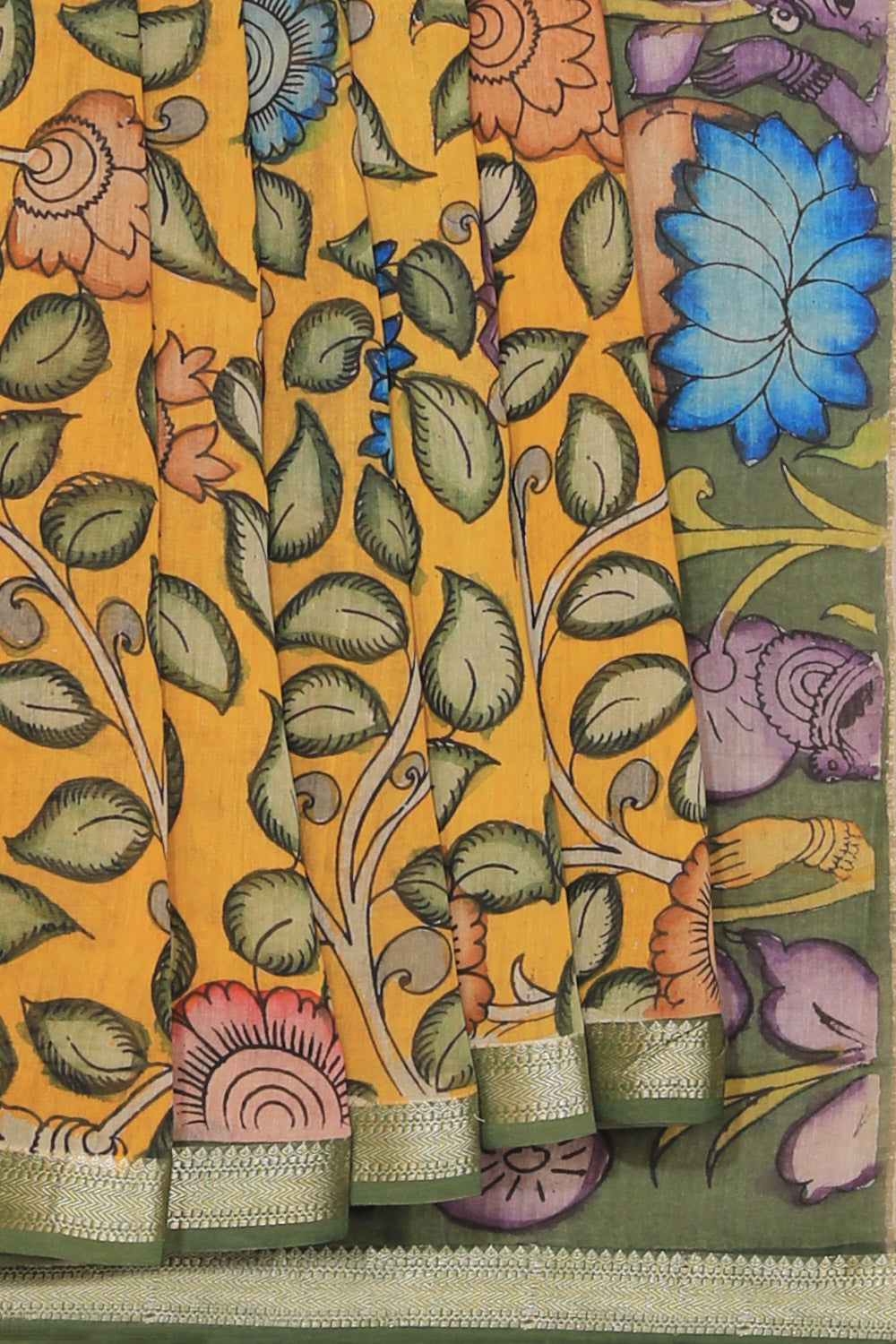 Collection of Kalamkari Hand-Painted Yellow Saree in a gallery layout