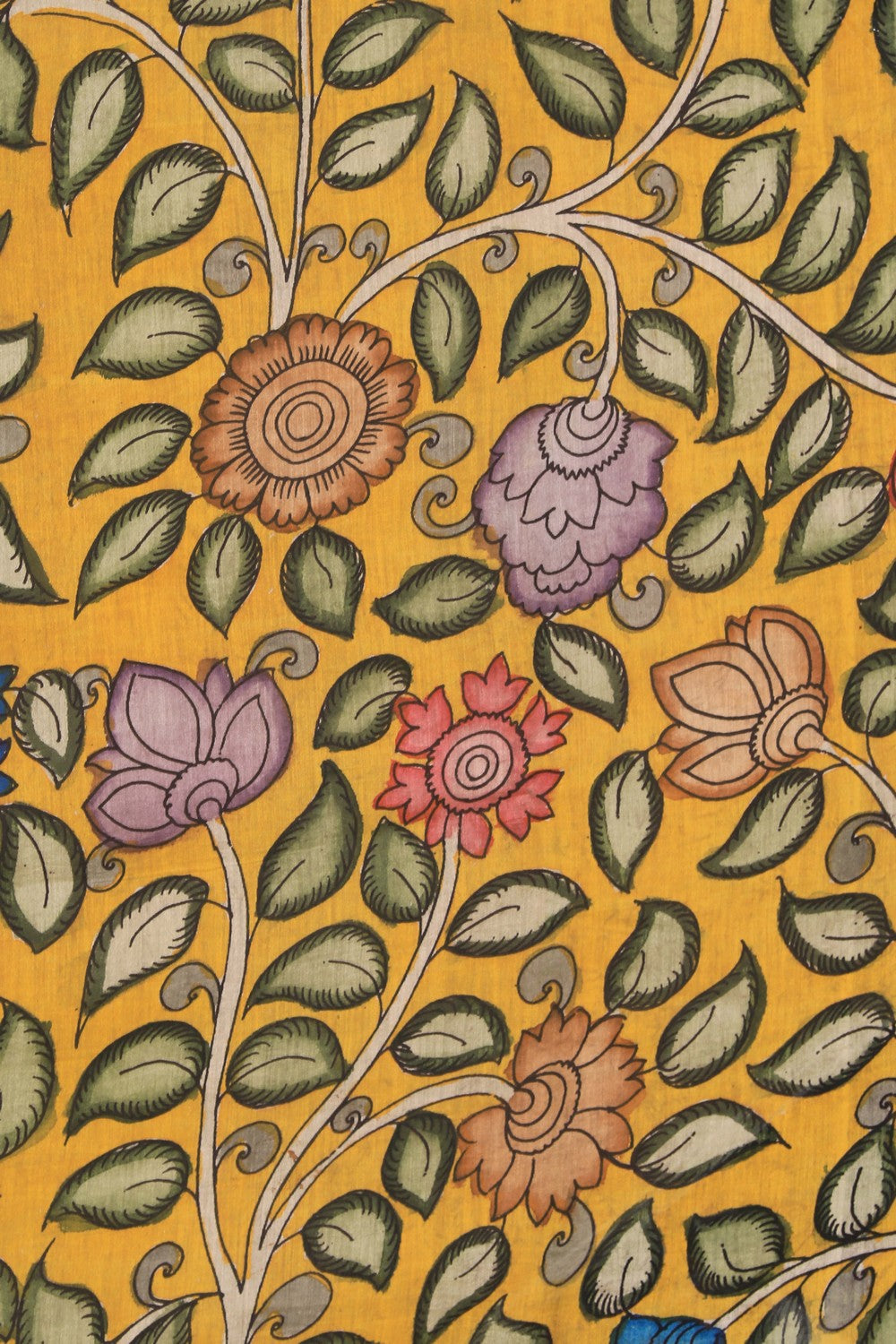 Collection of Kalamkari Hand-Painted Yellow Saree in a gallery layout