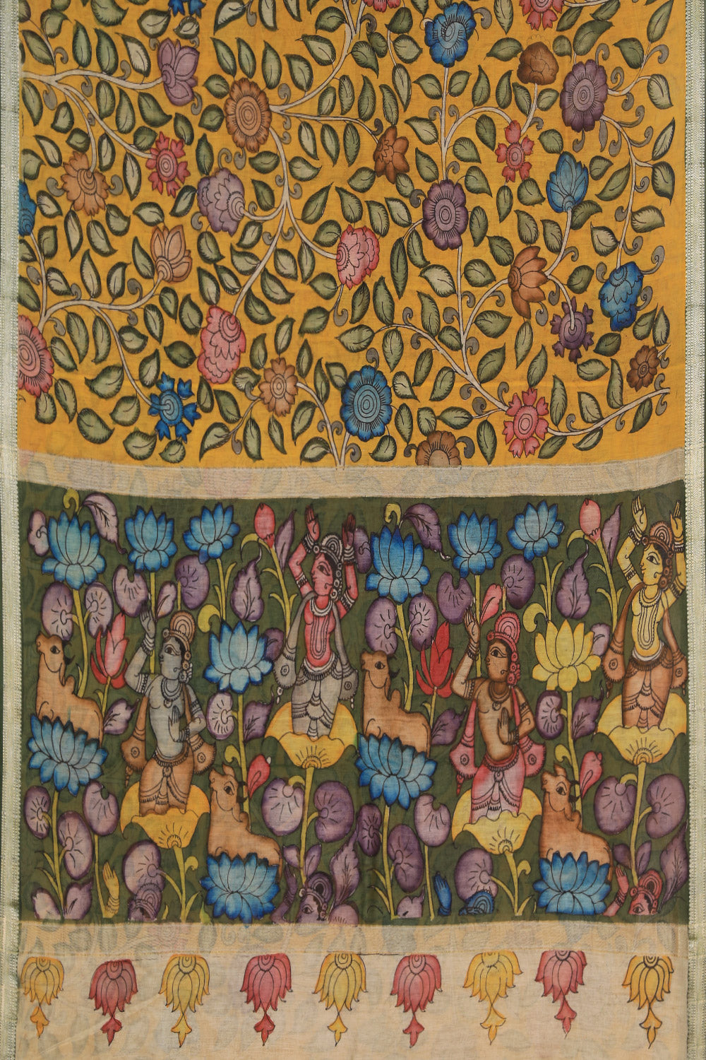 Collection of Kalamkari Hand-Painted Yellow Saree in a gallery layout