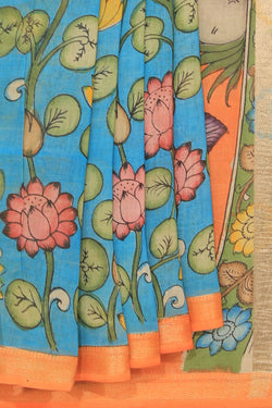 Collection of Kalamkari Hand-Painted Blue Saree in a gallery layout