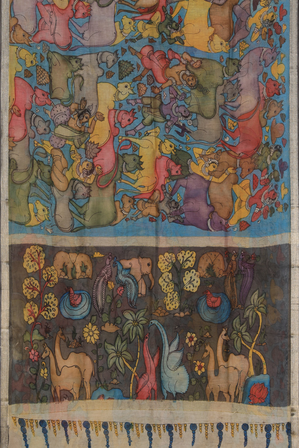 Image of Kalamkari Hand-Painted Grey Saree