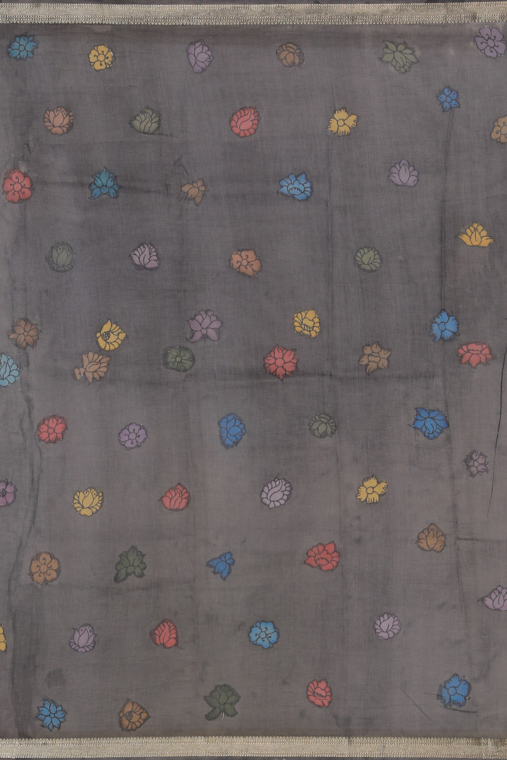 Image of Kalamkari Hand-Painted Grey Saree