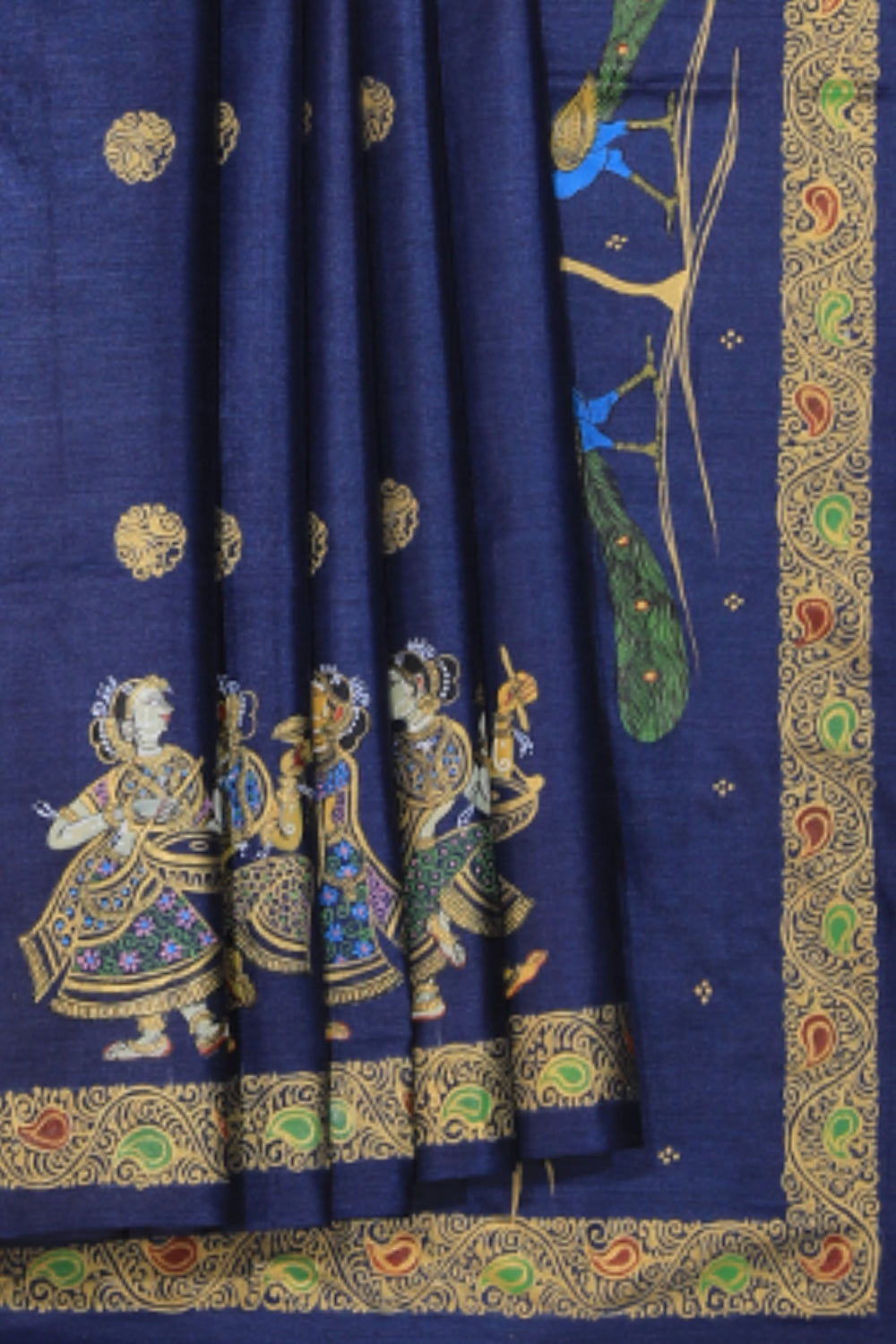 Collection of Pattachitra Hand-Painted Tussar Navy Blue Saree in a gallery layout