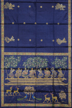 Collection of Pattachitra Hand-Painted Tussar Navy Blue Saree in a gallery layout