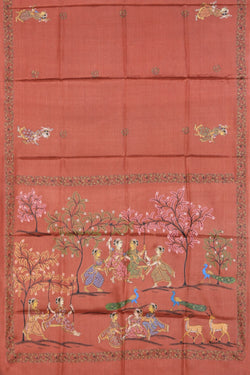 Image of Pattachitra Hand-Painted Tussar Brown Saree