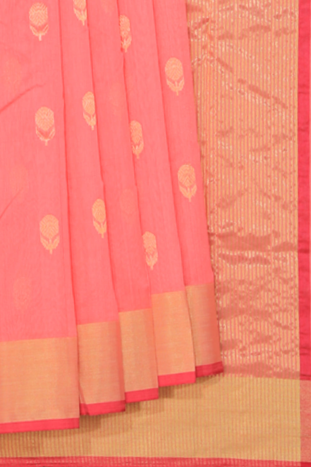 Collection of Chanderi Cotton Silk Coral Pink Saree in a gallery layout