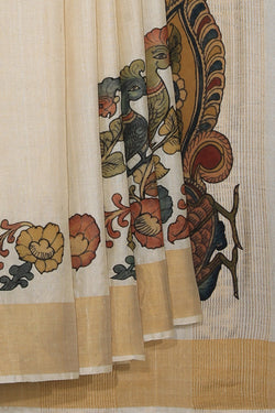 Collection of Kalamkari Hand-Painted Off-White Saree in a gallery layout