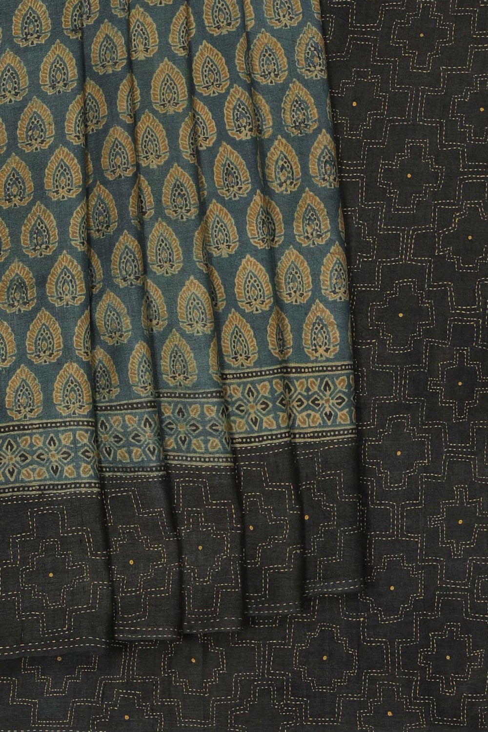 Image of Ajrakh Prints Desi Tussar Moss-Green Saree