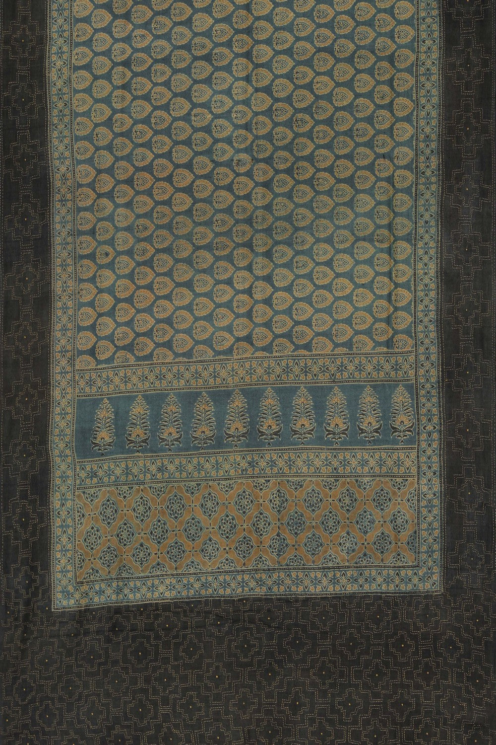 Image of Ajrakh Prints Desi Tussar Moss-Green Saree