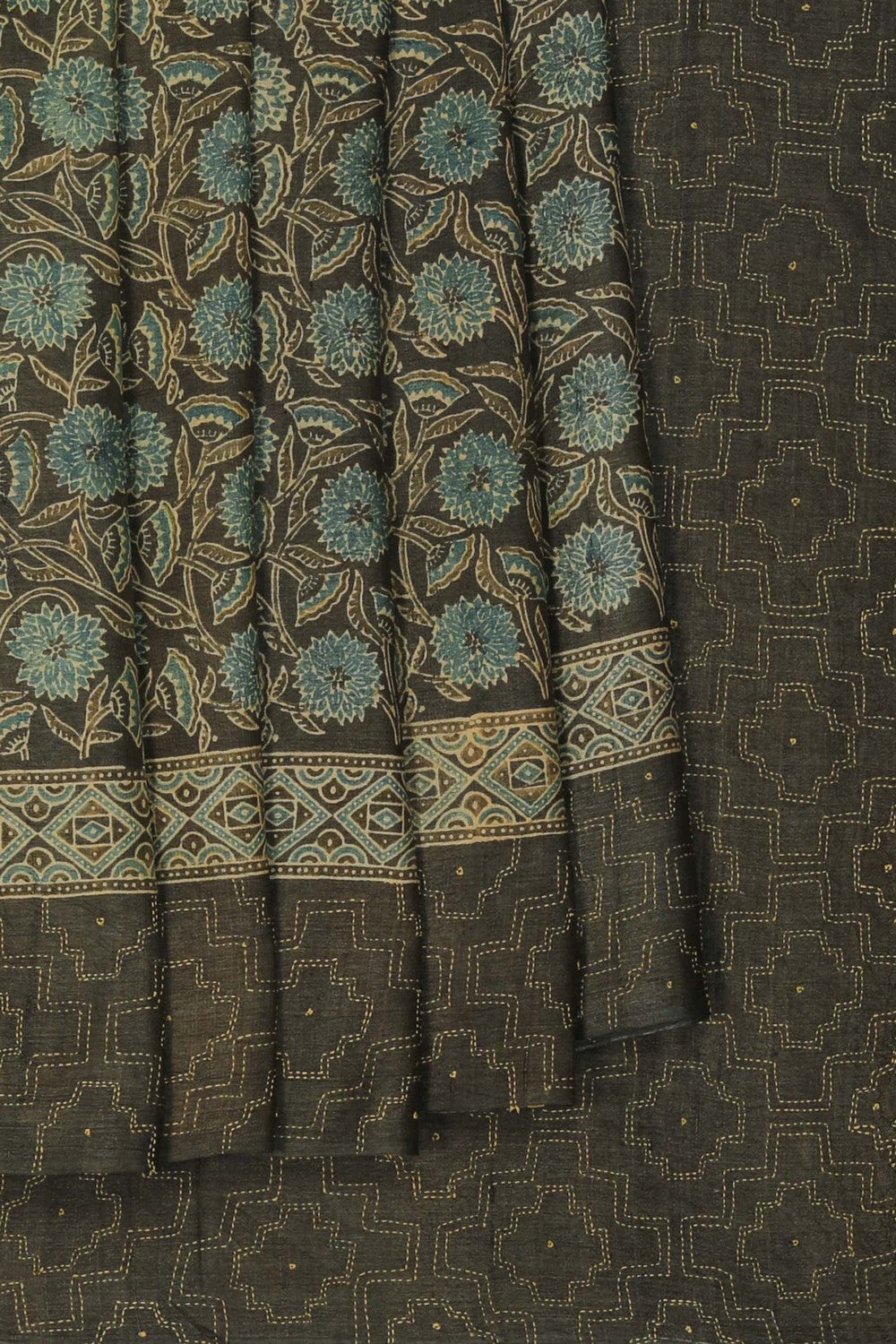 Image of Ajrakh Prints Desi Tussar Moss-Green Saree