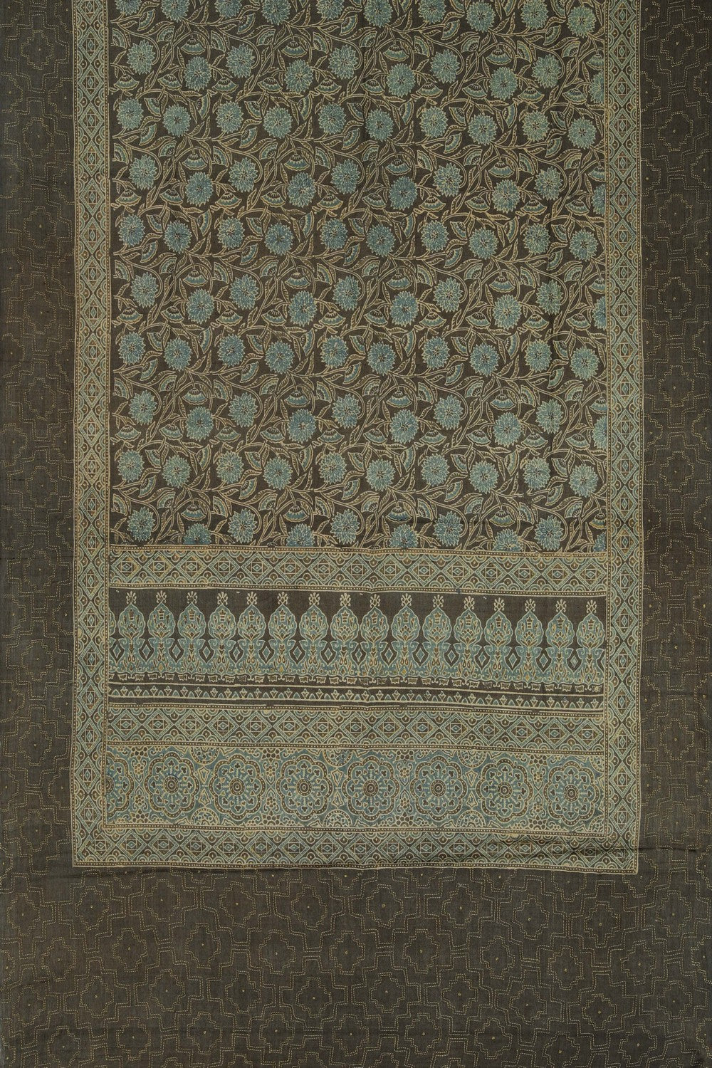 Image of Ajrakh Prints Desi Tussar Moss-Green Saree
