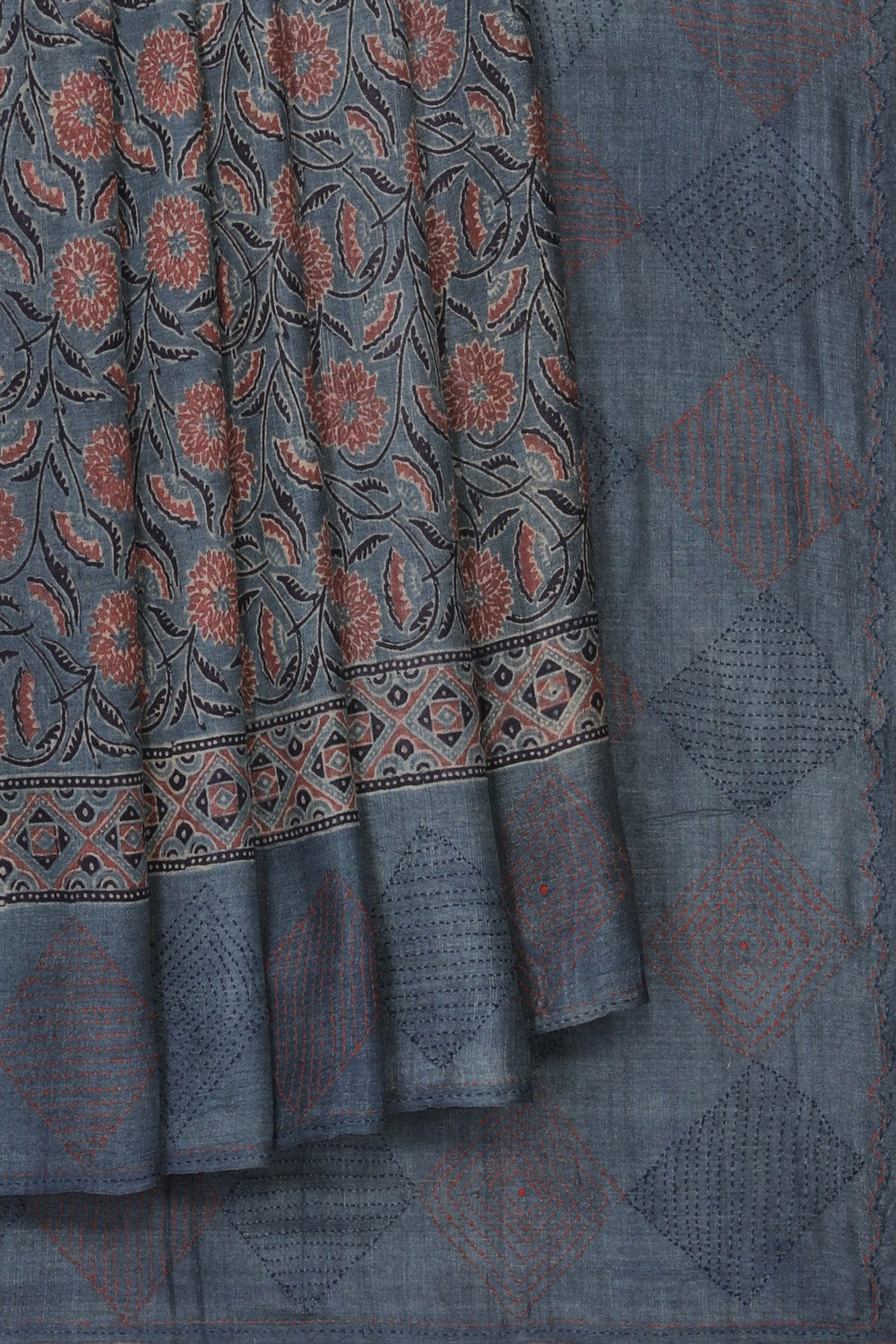 Image of Ajrakh Prints Desi Tussar Smoky-Grey Saree
