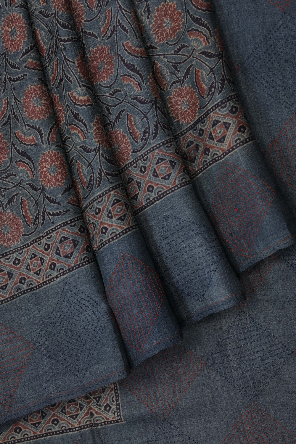 Image of Ajrakh Prints Desi Tussar Smoky-Grey Saree