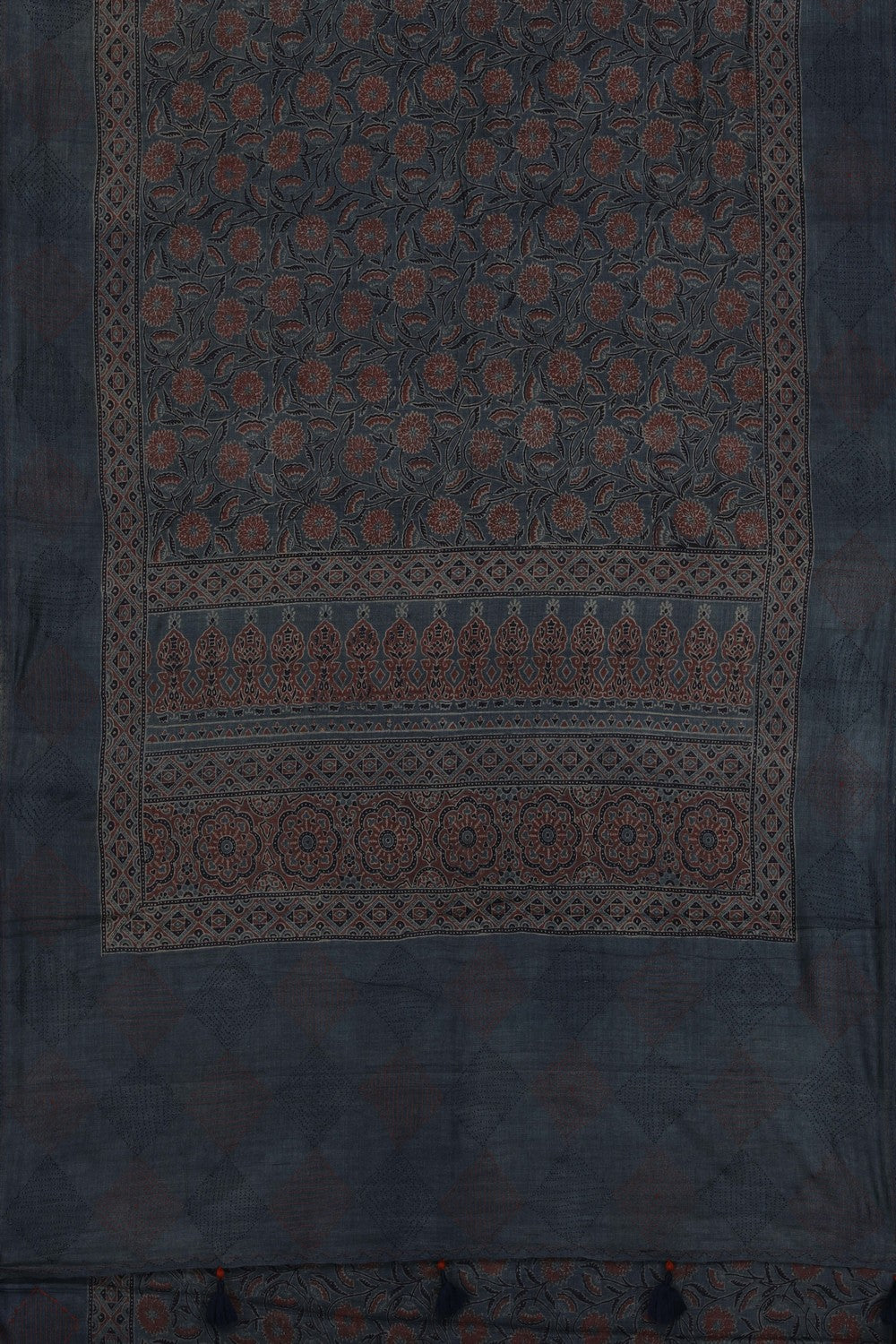 Image of Ajrakh Prints Desi Tussar Smoky-Grey Saree