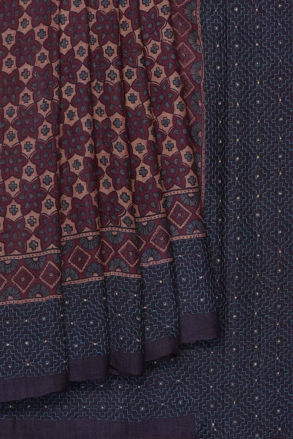 Image of Ajrakh Prints Desi Tussar Silk Saree