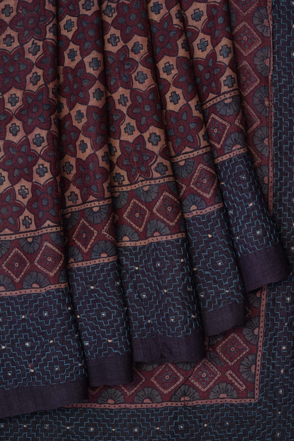 Image of Ajrakh Prints Desi Tussar Silk Saree